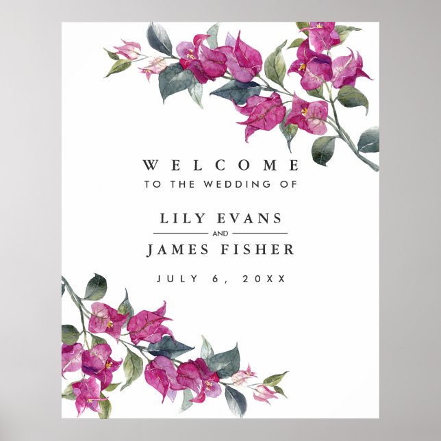 Mediterranean Bougainvillea Wedding  Welcome Sign (Front)