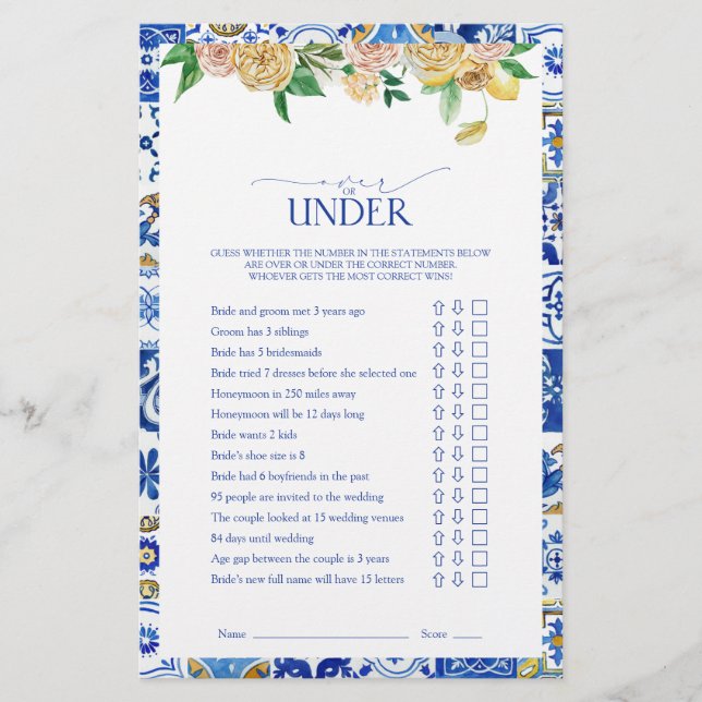 Mediterranean Bridal Shower Over Or Under Game (Front)