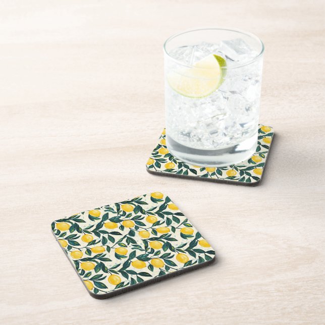 Mediterranean Bright Yellow Lemon Patterned Coaster (Right Side)