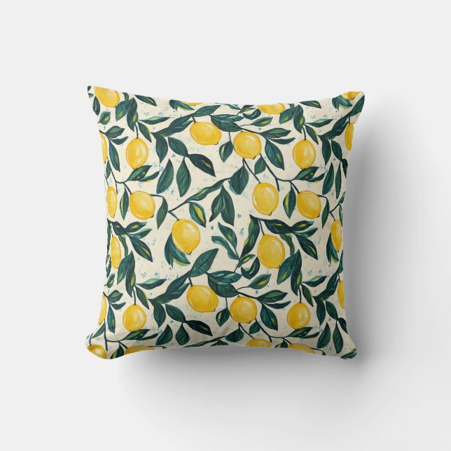 Mediterranean Bright Yellow Lemon Patterned Throw Pillow (Front)