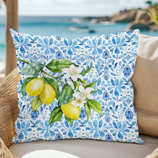 Mediterranean Citrus and Blue Tiles Throw Pillow (Mediterranean Citrus and Blue Tiles Throw Pillow in a sofa at a sunny beach.)