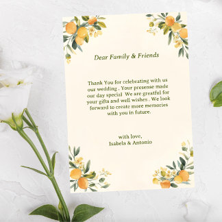 Mediterranean Citrus Botanical Wedding Thank You Card
