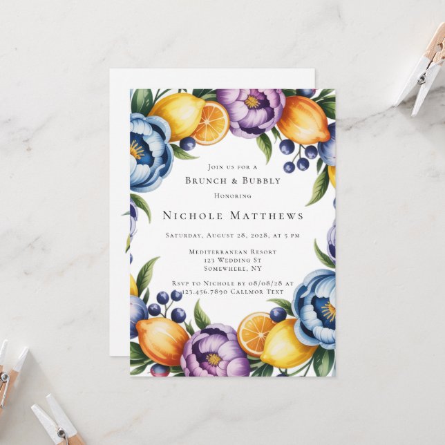 Mediterranean Citrus Bouquet Brunch & Bubbly Invitation (Front/Back In Situ)