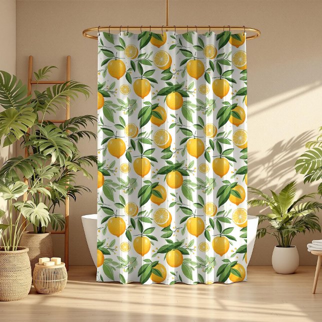 Mediterranean Citrus Lemon (Mediterranean Citrus Lemon Shower Curtain in a boho mocha bathroom with tropical botanicals)