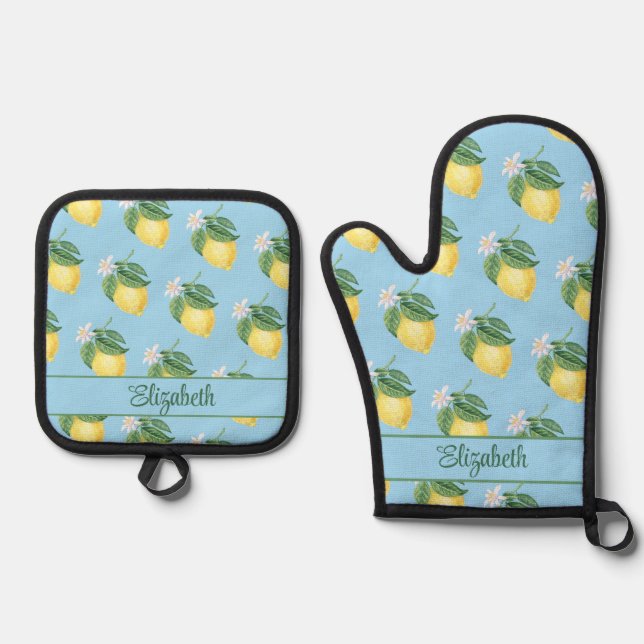 Mediterranean Citrus Lemon Custom Name Oven Mitt & Pot Holder Set (Front)