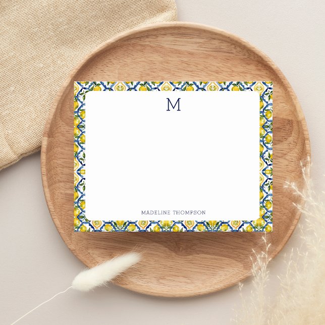 Mediterranean Citrus Lemon Monogram Blue Card (Creator Uploaded)