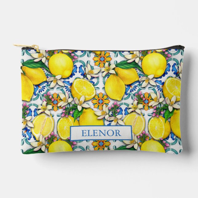 Mediterranean Citrus Lemon Pattern Accessory Pouch (Front)