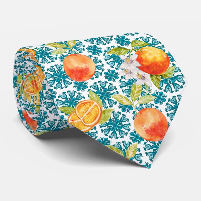 Mediterranean Citrus Lemon Pattern Tie (Rolled)