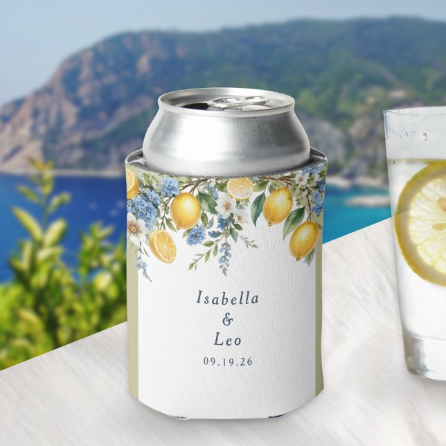 Mediterranean Citrus Lemons Personalized Wedding Can Cooler (A can cooler with Mediterranean lemons design, with newlyweds' names and wedding date)