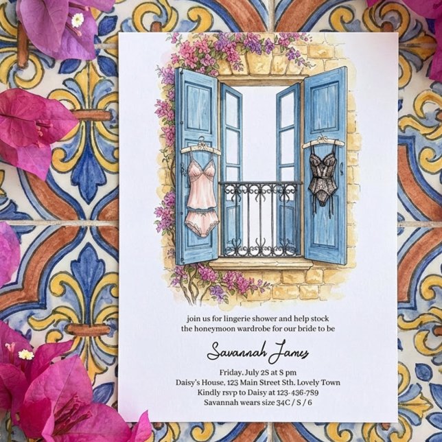 Mediterranean Coast Lingerie Shower Invitation (Mediterranean themed lingerie shower invitation, mamma mia style stock the drawer panty party invite)