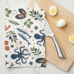 Mediterranean Coastal, Tomato, Octopus & Seafood Kitchen Towel