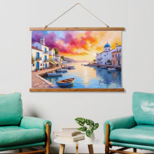 Mediterranean Coastal Village Sunset  Hanging Tapestry