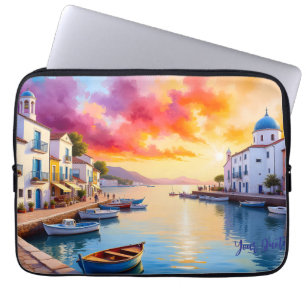 Mediterranean Coastal Village Sunset Laptop Sleeve