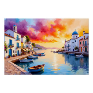 Mediterranean Coastal Village Sunset  Poster