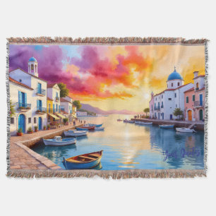 Mediterranean Coastal Village Sunset  Throw Blanket