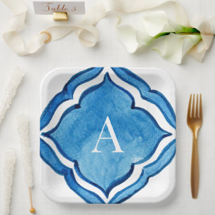 Mediterranean Cobalt Blue Tile Monogram II Paper Plate