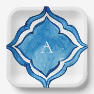 Mediterranean Cobalt Blue Tile Monogram Paper Plate