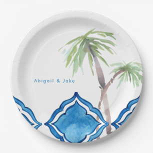 Mediterranean Cobalt Blue Tile Personalized round Paper Plate