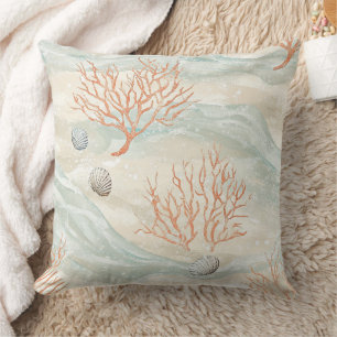 Mediterranean Coral Blue Orange Sandy Beige Throw Pillow