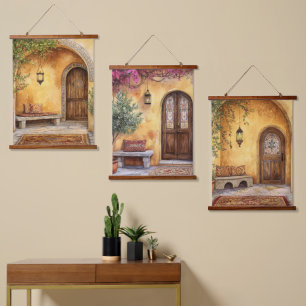 Mediterranean Courtyard Archway Olive Tree Wall Ar Hanging Tapestry
