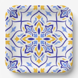 Mediterranean Crown Elegant Blue and Gold Floral Paper Plate