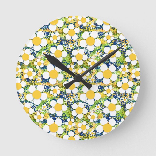 Mediterranean Daisy Blue Yellow and White Round Clock (Front)