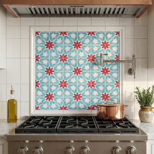 Mediterranean Faux Stone Teal Red Geometric Floral Tile