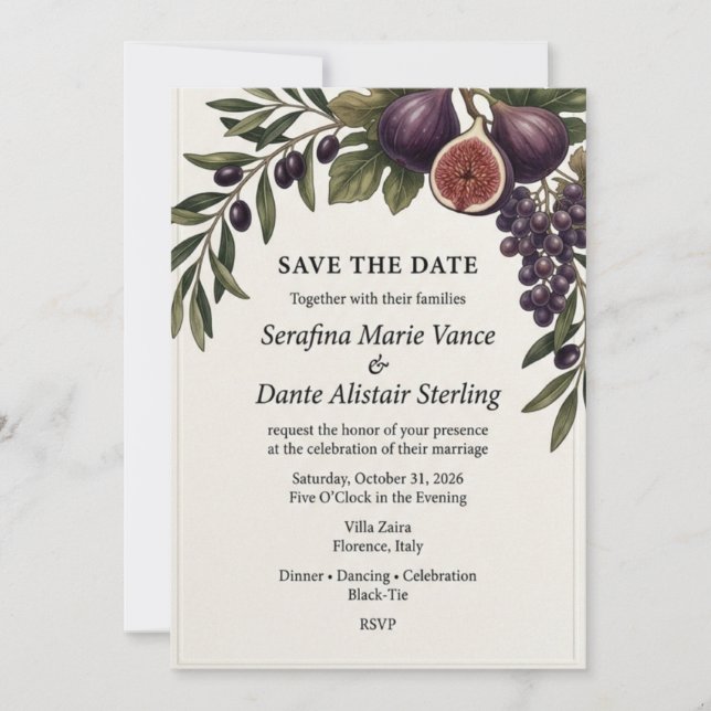 Mediterranean Fig, Grapes & Olive Branch Save Invitation (Front)