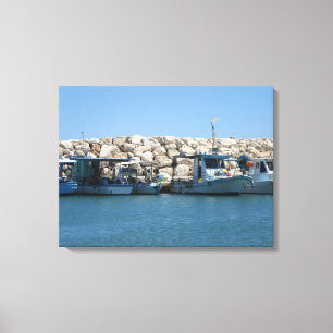 Mediterranean Fishing Boats in Blue Sea Design Canvas Print