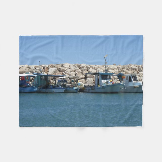 Mediterranean Fishing Boats in Blue Sea Design Fleece Blanket (Front (Horizontal))