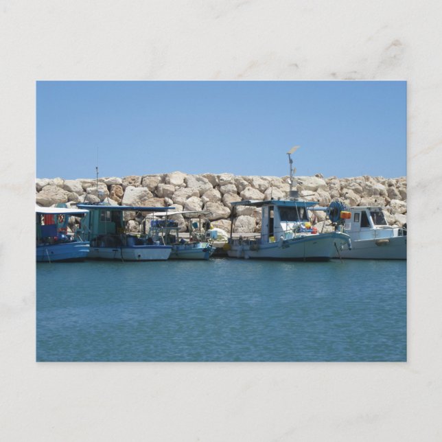 Mediterranean Fishing Boats in Blue Sea Design Postcard (Front)