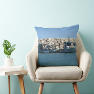 Mediterranean Fishing Boats in Blue Sea Design Throw Pillow