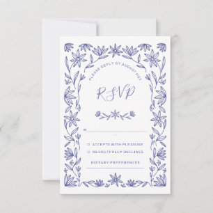 Mediterranean Floral Blue White Wedding RSVP Card