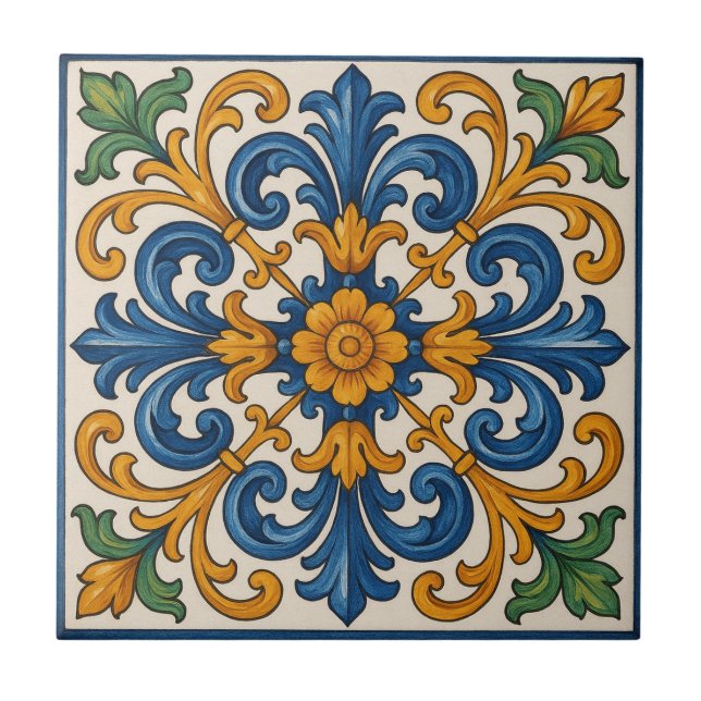 Mediterranean Floral Hand-Painted Style Tile (Front)