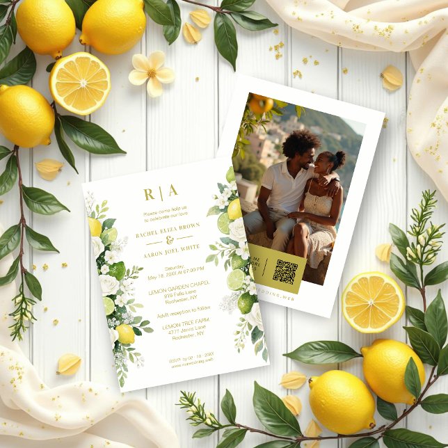 Mediterranean Fresh Lime Lemons & Flowers Garlands Invitation (Mediterranean Fresh Lime Lemons and Flowers Garlands Wedding Invitations Cards with Back Photo.)