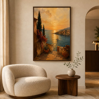 Mediterranean Golden Sunset Coastal Landscape Art Poster