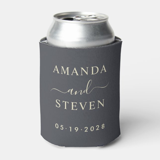 Mediterranean Grey Couple Names with Wedding Date Can Cooler (Can Front)