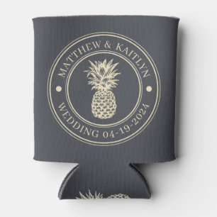 Mediterranean Grey Pineapple Wedding Crest & Names Can Cooler