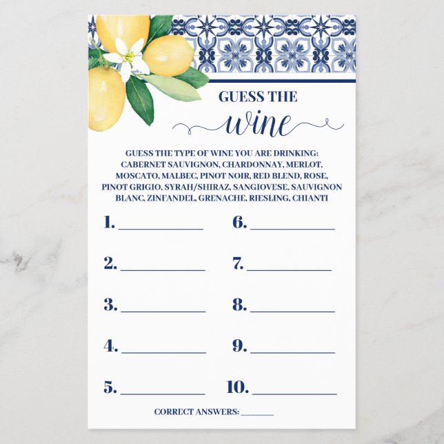 Mediterranean Guess the Wine Shower Game Card (Front)