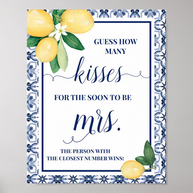 Mediterranean How Many Kisses for Mrs Shower Sign (Front)