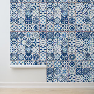 Mediterranean Indigo Blue Azulejo Mosaic Tiles Wallpaper