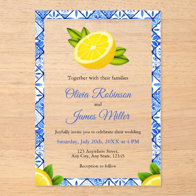 Mediterranean Italian Blue Tile - Lemon Wedding  Acrylic Invitations (Front)