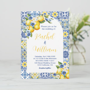 Mediterranean Italian Blue Tile & Lemon Wedding Invitation