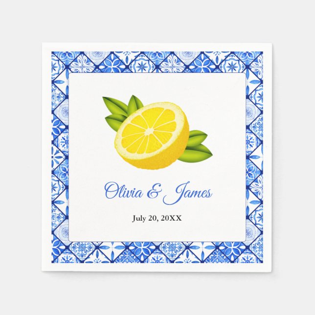 Mediterranean Italian Blue Tile Lemon Wedding Napkin (Front)