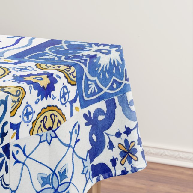 Mediterranean Italian Blue, White & Yellow Pattern Tablecloth (In Situ)