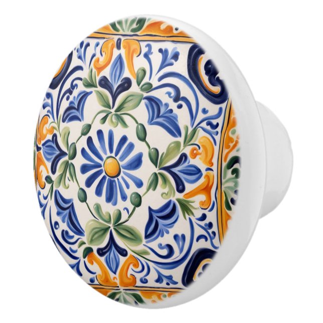Mediterranean Italian Blue & Yellow Floral Flower Ceramic Knob (Right)