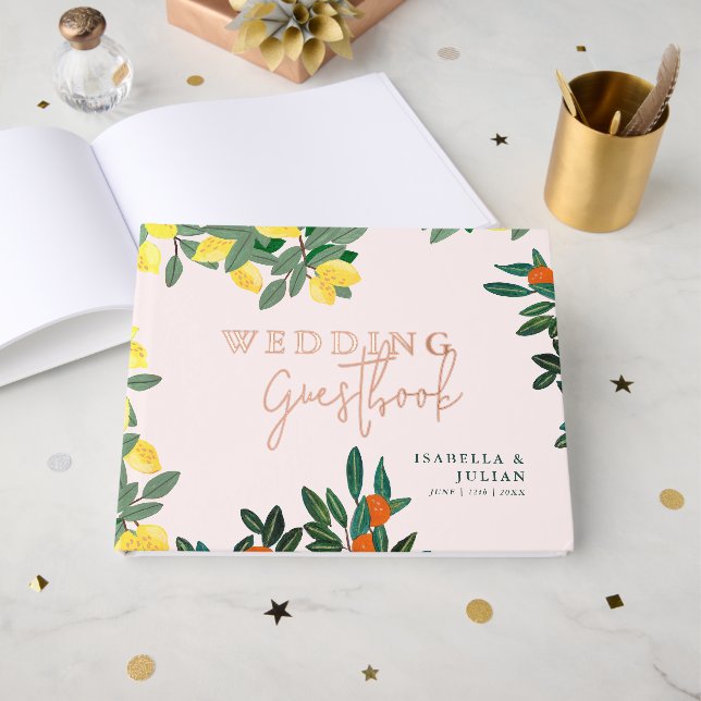 Mediterranean Italian Greece Lemon Pink Wedding Guest Book (Front Open)