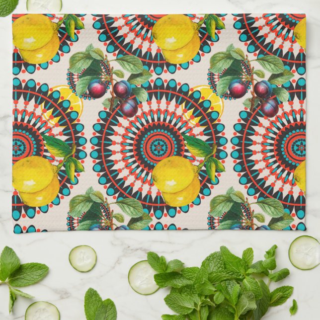 Mediterranean,Italian style,citrus,lemons,majolica Kitchen Towel (Folded)