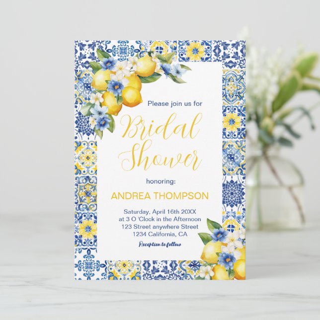 Mediterranean Italian Tile & Lemon bridal shower Invitation (Standing Front)
