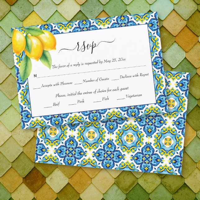 Mediterranean Italian tiles, lemon branch wedding RSVP Card (Creator Uploaded)